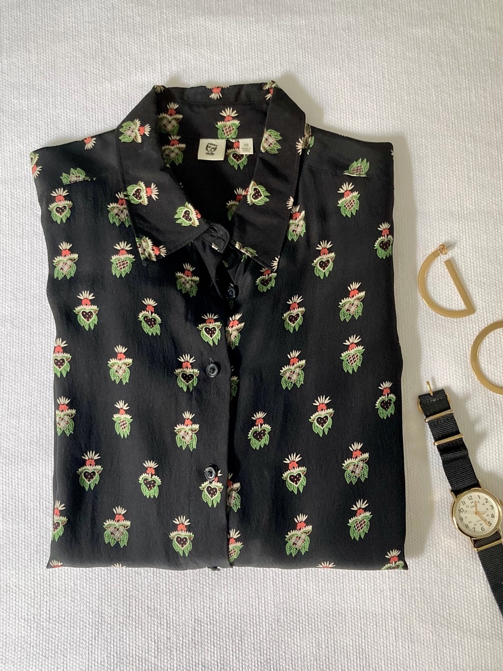Celia Birtwell x Uniqlo Botanical Hearts Silk Button Up Shirt Black Green Red